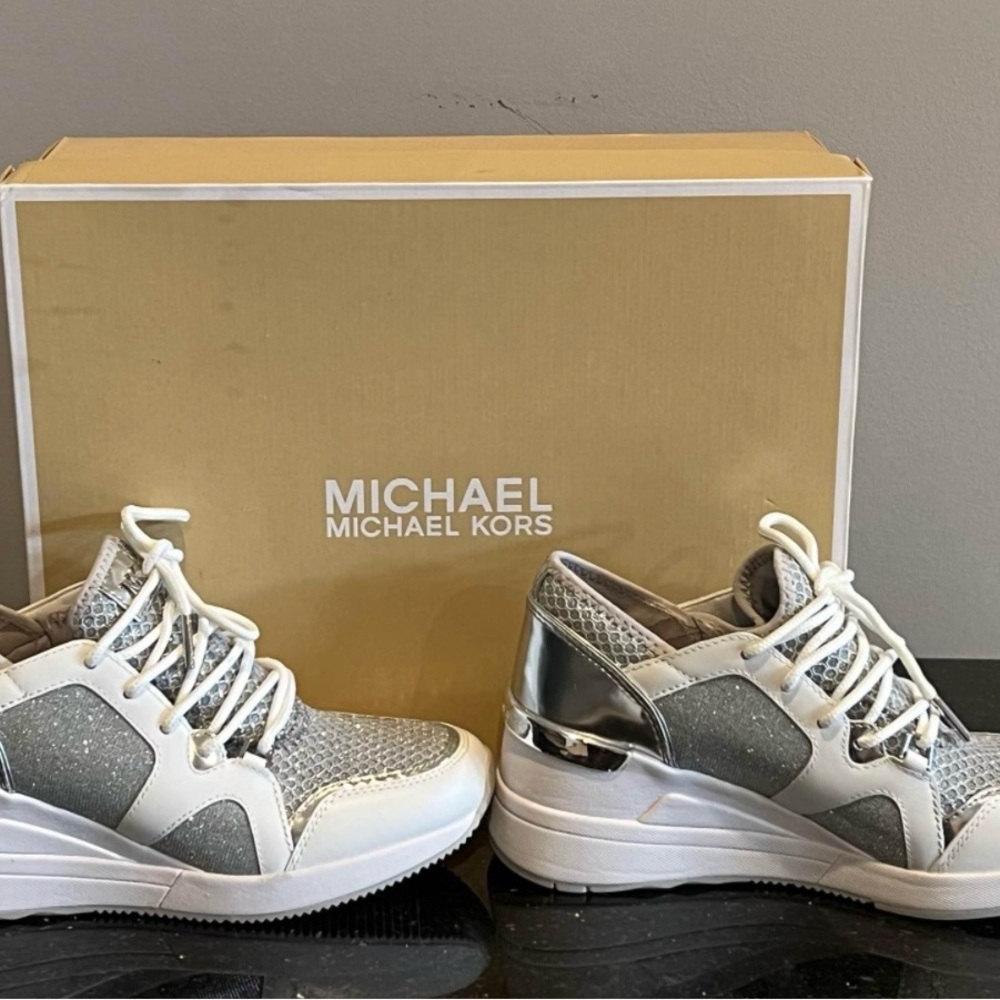 Michael Kors Metallic Silver and White Sneakers - Picture 3 of 4